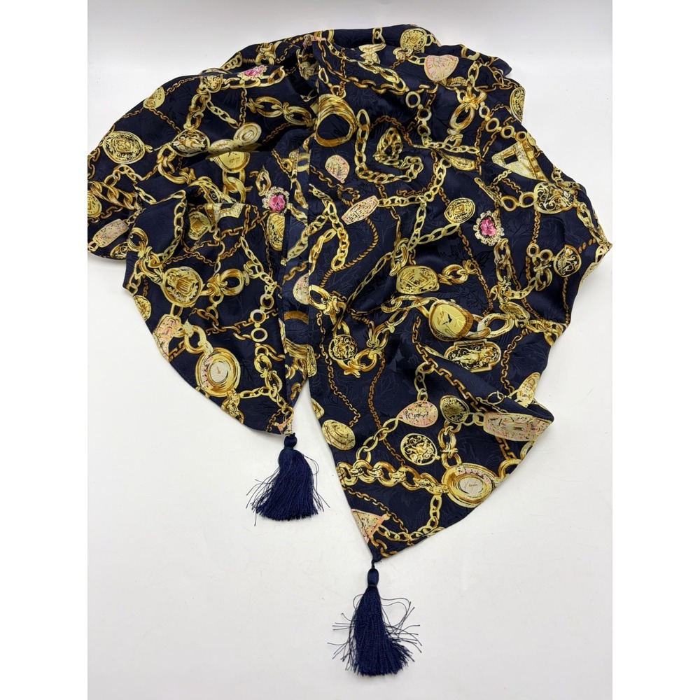 Vintage Diane Freis Silk Scarf Large Blue Yellow Chain Print Jewelry Motif Shawl